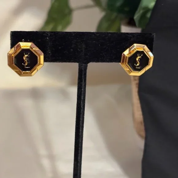 Beautiful YSL Gold Tone / Black Earrings with YSL pouch - Picture 2 of 16